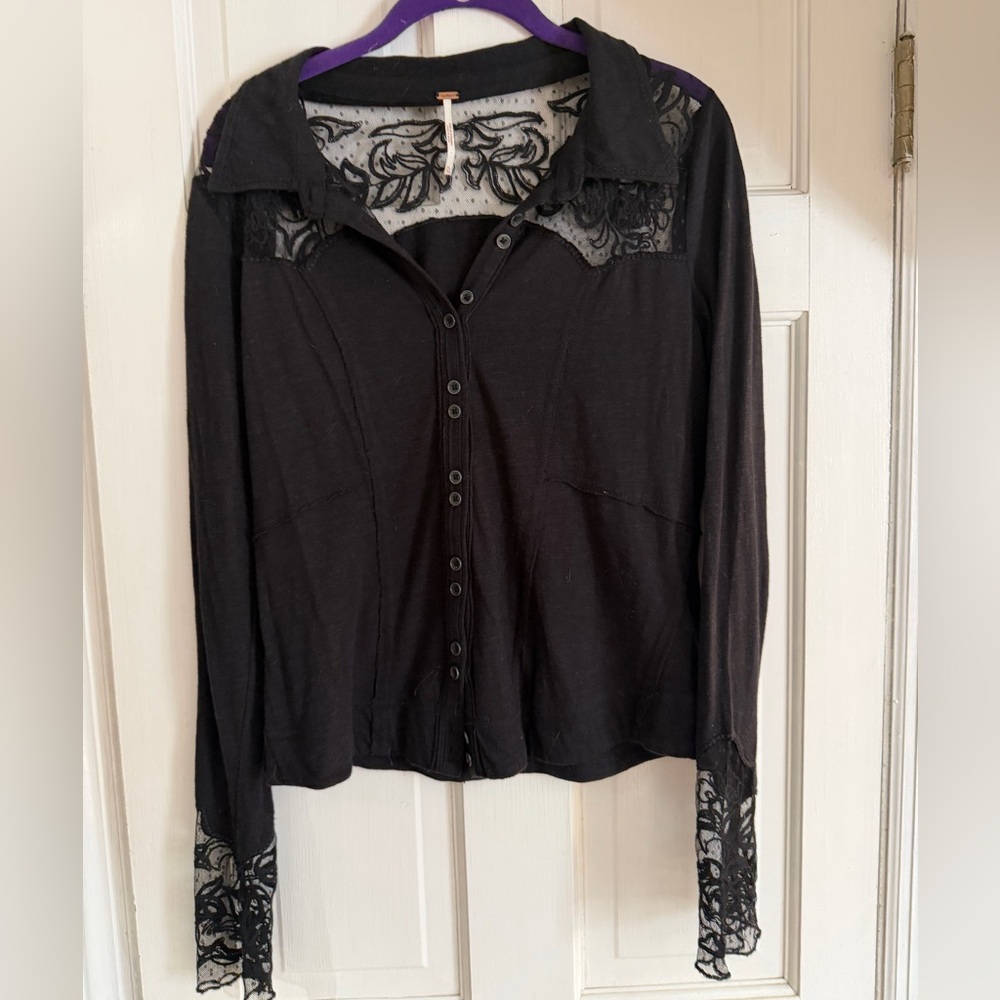 Free People Long Sleeve Lace Detail Shirt/sz XL/ NWOT